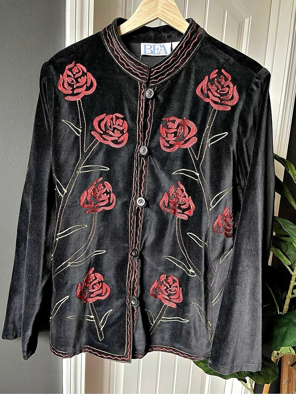 BFA Classics Embroidered Floral Jacket in Black & Red 100% Cotton Size Medium
